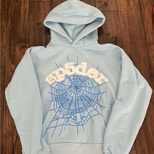 Light Blue Crewneck Hoodie with Web Graphic